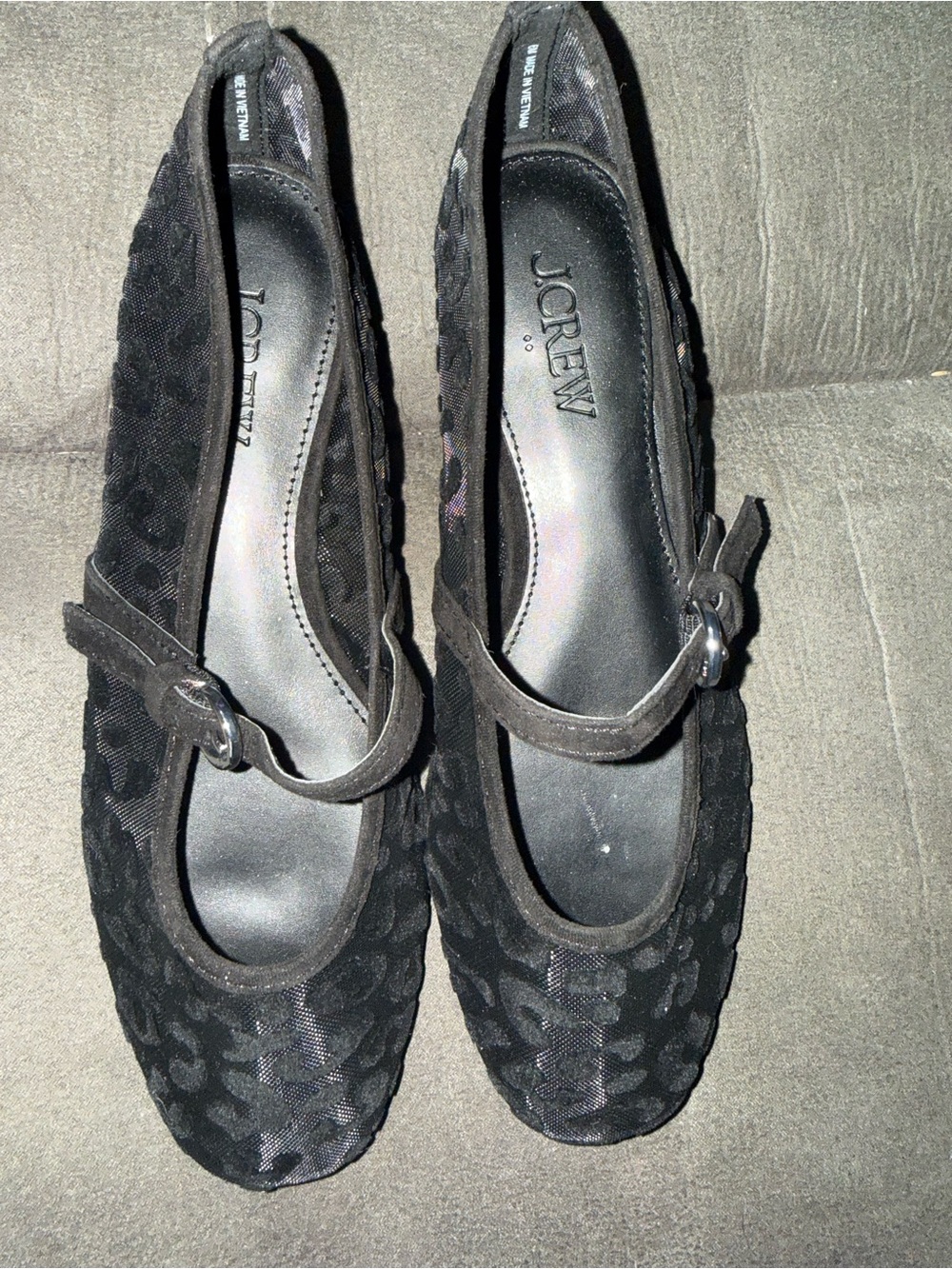 J. Crew Black Suede Mary Jane Flats with Subtle Leopard Texture